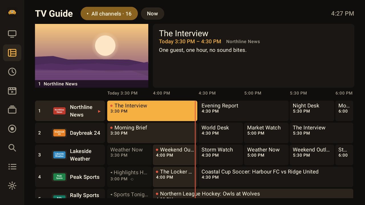 TV guide grid with a live preview
