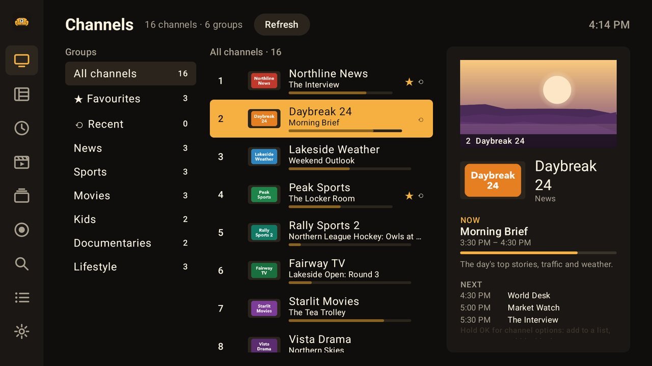 Channel list with what's on now and a live preview
