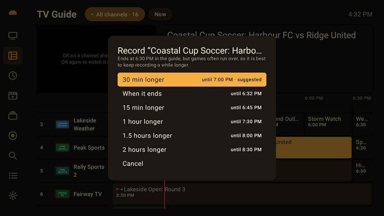 Recording a game with extra time suggested